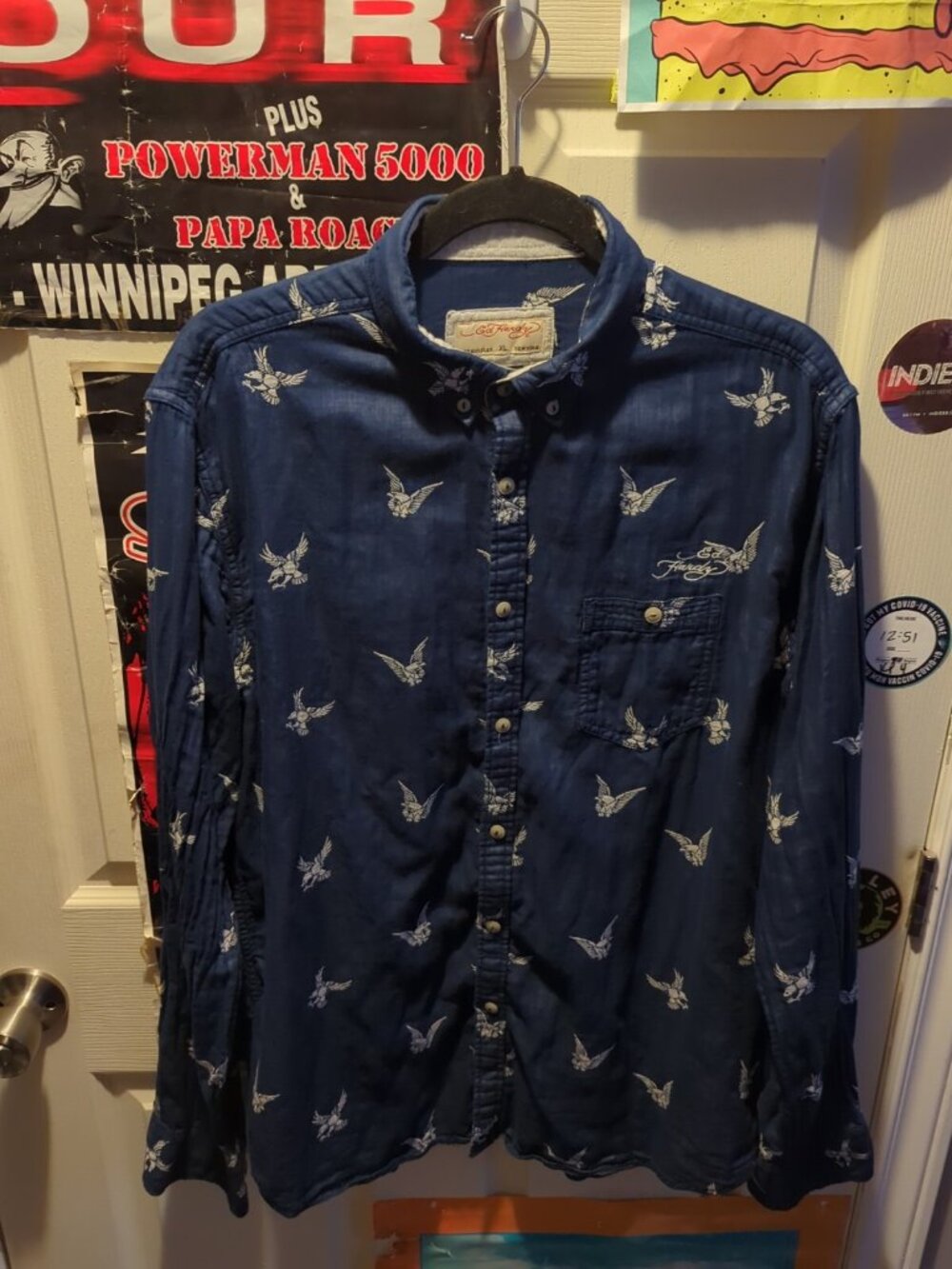 Ed Hardy Shirt Mens Extra Large Blue Button Up Long Sleeve Eagle AOP Navy Dress